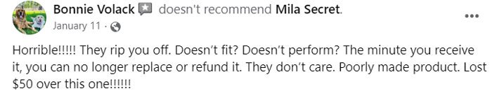 Mila Secret Bra Reviews on Facebook